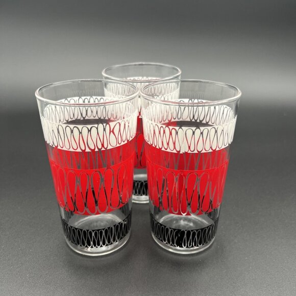 Anchor Hocking Other - VTG MCM Anchor Hocking Set of 3 Glasses Red White Black Ribbon Squiggle 4 3/4"